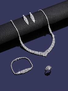 5PCS/1Set Bridal Necklace,Earring,Ring,Bracelet Luxury Cubic Zirconia Jewelry Set For Woment Wedding And Banquet Accessories