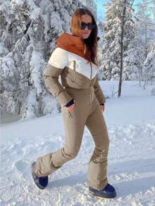 Fisoew Thermal Snowsuit For Women, Waterproof One Piece Ski Suit, Cold Weather Outdoor Gear | Winter Ski Wear | Snowboarding Jumpsuit, Snow Pants Women | New Years Outfit - 駝色 - 查看 4