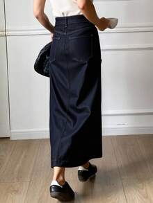 Livesso Women's Waist Design Long Straight Casual Denim Skirt - Dark Wash - View 5