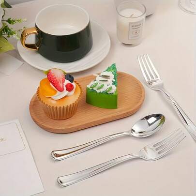 100個セット シルバー プラスチック製カトラリーセット - シルバーサラダフォーク/パスタフォーク/アペタイザーフォーク、シルバーデザートスプーン/コーヒースプーン/アイスクリームスプーン/シリアルスプーン、クリスマステーブルウェア フラットウェアセット、再利用可能な優雅なカトラリー パーティーデコレーション用、誕生日パーティー、結婚式、記念日、クリスマス、学校の集まり、屋外ピクニック、ホリデーバンケットに適しています