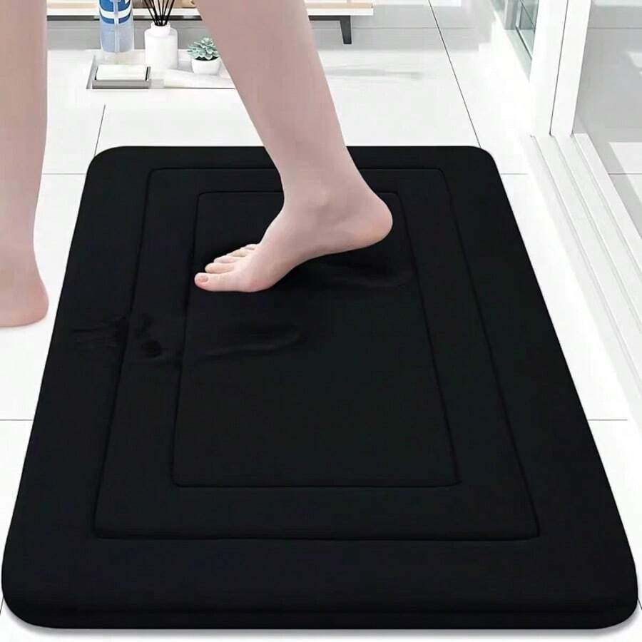 1Pc Memory Foam Bath Mat 15.75 "* 23.62", Anti-S, Fast Drying Machine Washable, High-Density Fast Drying Absorbent Carpet, Super Soft Anti-S Bath Mat, Suitable For Bathroom Floor, Bedroom And Kitchen Bathroom Decor Fall Decor Back To Entryway Decor - Black - View 1