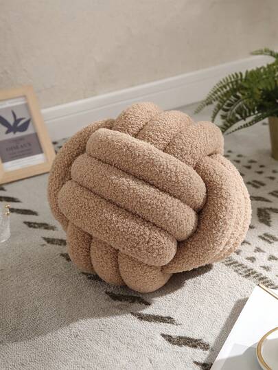 1pc Solid Color Versatile Faux Fur Pom Pom Decorative Throw Pillow, Handmade Knitted, For Sofa, Coffee Table, Bedroom Decor, Beige