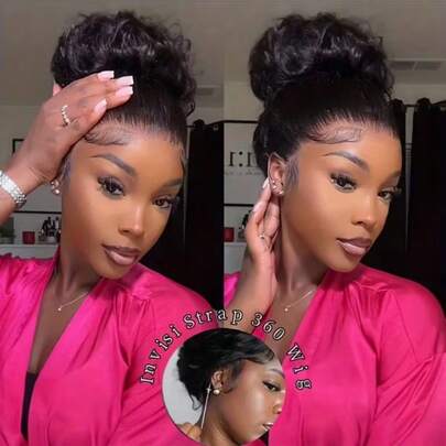 Invisi Strap 360 Deep Wave Lace Front Wigs Human Hair 250% Density Deep Curly Human Hair Wig Wet And Wavy Glueless 360 HD Lace Frontal Wig With Drawstring Pre Plucked Natural Hairline 13x6 HD Curly Human Hair Wigs For Women Natural Black Color
