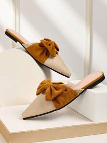 New Breathable Linen Color Block Bow Pointed Toe Slip-On Mule Flats, Elegant Hollow-Out Design, Suitable For Women Outdoor Wear All Seasons - Apricot - View 3