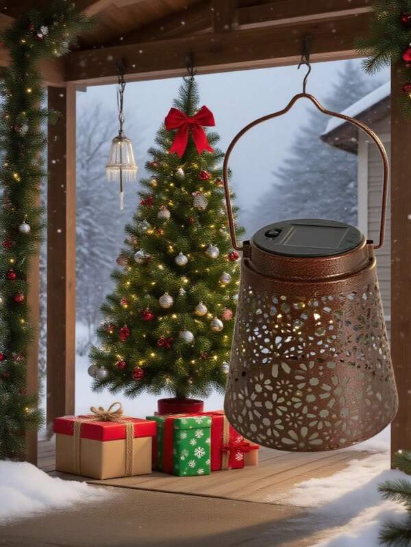 1pc Vintage Solar Powered Iron Lantern With Petal Hollow Design - Multifunctional Outdoor Decor, Christmas Gifts, Outdoor Solar Hanging Lantern With Handle, LED Moroccan Style Lantern, Christmas Decorations Metal Garden Tabletop Lighting For Yard Lawn Porch Backyard, Solar Outdoor Lights