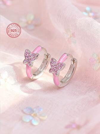 Artepollo 1 pezzo Orecchini a cerchio in argento sterling 925 ipoallergenici a forma di piccola farfalla, impreziositi da zirconi rosa, dolci e carini, confezione regalo, eleganti e raffinati, adatti per uso quotidiano o per occasioni speciali, regalo per ragazze, amici, rientro a scuola, Natale