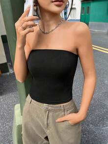 女士四季皆宜性感Y2K无肩带基础款纯色弹力修身黑色抹胸上衣 – 圣诞节和约会必备 - 黑色 - 查看 3