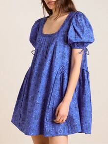 Women Short Puffy Sleeve Princess Tulle Dress Fluffy Mesh Fairy Mini Dress Bubble Sleeve Party Prom Dress - Blue - View 4