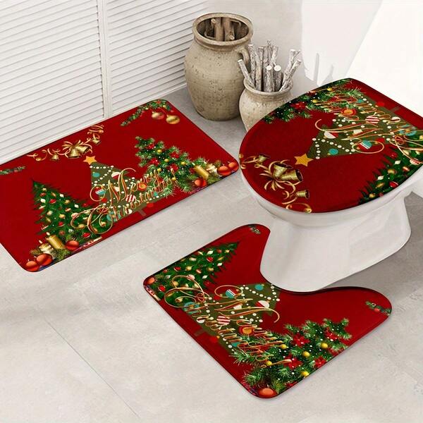 1pc/3pcs Christmas Tree Design Bath Mat Set, Fashionable & Versatile Bathroom Carpet, Soft & Comfortable Machine Washable Mat, U-Shaped Toilet Lid Cover, Beautiful Bathroom Decor