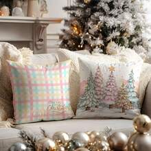 4pcs Christmas Plaid Snowman & Christmas Tree Decorative Pillow Cover Set, Single-Sided Printed Peach Velvet Polyester Material, 45*45CM Cushion Cover For Modern Fabric Sofa Indoor Decor, Party Decoration, Gift