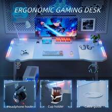 HLDIRECT Gaming Desk With LED Lights Carbon Fibre Surface Gaming Table Large Computer Desk Ergonomic Home Office Desks Z Shaped PC Gamer Workstations With Cup Holder & Headphone Hook,White - 白色 - 查看 3