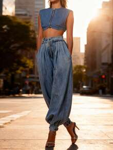 Women Harem Denim Pants Causal High Waist Wide Leg Baggy Solid Color Trousers With Pockets - 藍色 - 查看 5