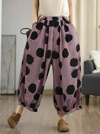 Plus Size Women Polka Dot Print Elastic Waist Pants