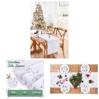 White Faux Fur Table Runner 13x 108 Inch Long Silver Sequin Table Runner Winter Snowy Table Decorations