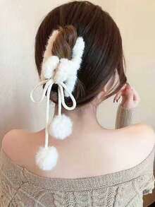 Autumn & Winter Traditional Style Tassel Pom-Pom Pendant Plush Claw Clip - A Hair Accessory For Girls, Suitable For High Ponytails & Updos At The Back Of The Head - trắng - Xem 4