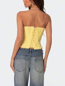 Women Sheer Mesh Lace Up Corset Y2K Frilled Trim Bustier Crop Tube Tops Solid Color Slim Fit Backless Strapless Boned Bodyshaper Tank Tops Party Rave Club Going Out Tops Streetwear - Màu vàng - Xem 3