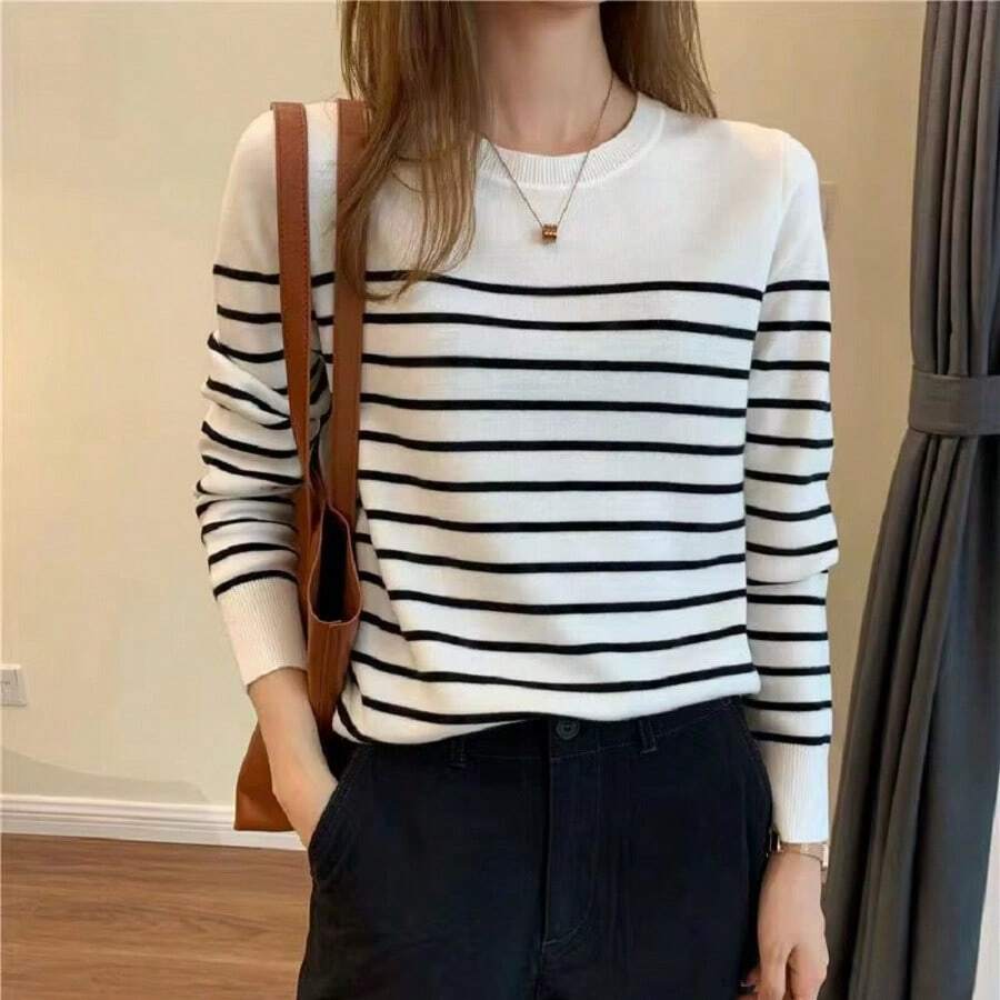 Suéter de punto acanalado a rayas para mujer, con cuello redondo y mangas largas, blusa de moda casual para dama, largo regular, sweater de rayas - Blanco - Ver 1