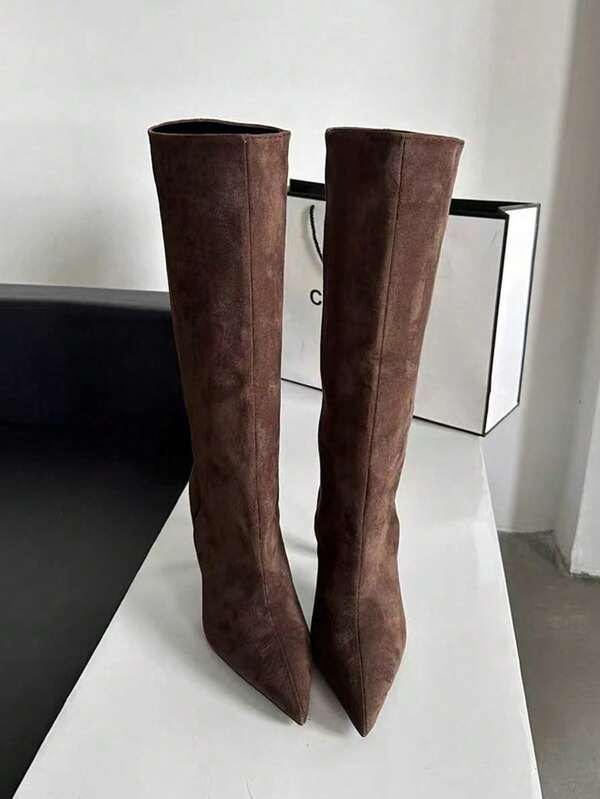 Pointed Toe High Heel Slim Fit Mid-Calf Riding Boots, Khaki Color, New 2025 Spring Autumn Winter Women Shoes,Kitten Heel Boots,Party