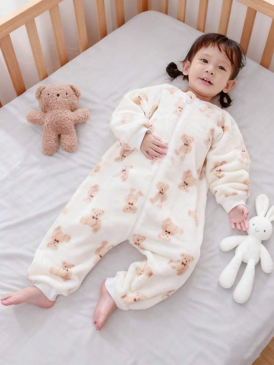 婴儿幼儿宝宝法兰绒分腿睡袋，四季皆宜，蓬松柔软，可爱小熊印花长袖连体睡袋，0-3岁 - 小熊 - 查看 1