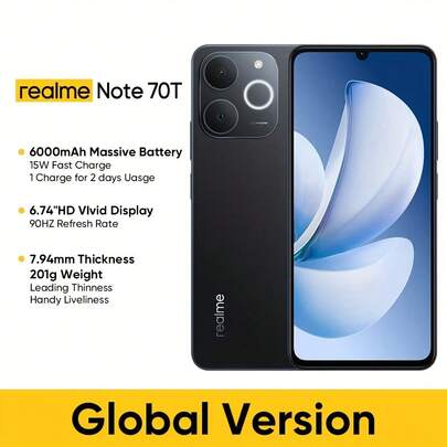  Realme Note 70T 智能手机，全球版，4+256GB/4+128GB/4+64GB 存储组合，6000mAh 大电池，4G 网络，15W 快充，6W 反向充电，24GB 动态内存，90Hz 护眼屏，300% 超级音量，AI 摄影修复 - 黑色（不含充电器）