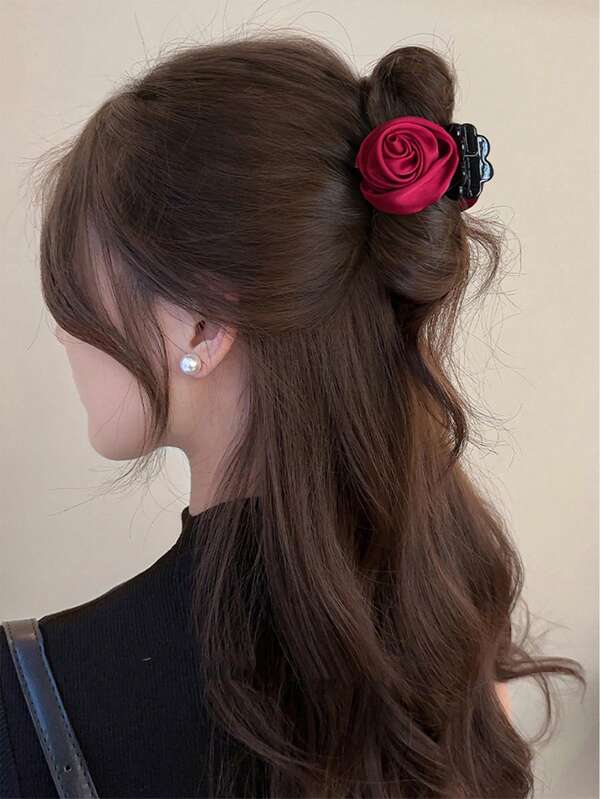 1pc Korean Fashion Rose Flower Small Hair Clip, Elegant & Delicate Hair Accessory Suitable For Vacation Fashion Claw Clips Winter Hair Clutch