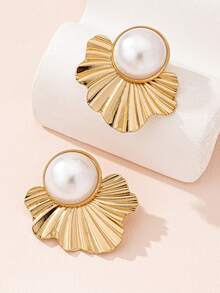 1 对女士不对称扇形纹理耳钉，时尚百搭，适合日常佩戴 - 扇形 - 查看 12