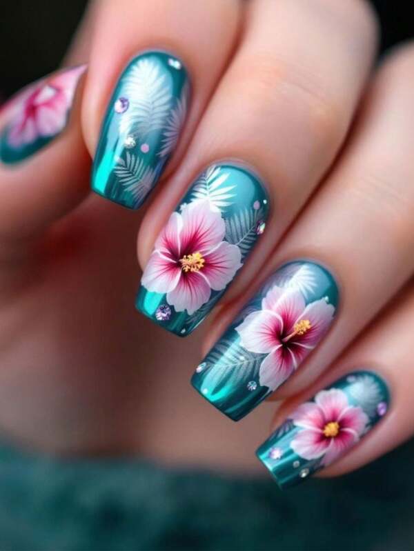 24 قطعة أظافر وهمية مربعة متوسطة الحجم بزهور وردية وأوراق فضية، طقم يشمل 1 ملف أظافر و 1 ملصق غراء أظافر، للبنات والنساء كهدية لحفلات المناسبات والاستخدام اليومي، أظافر أكريليك قابلة للضغط