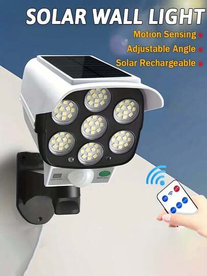 1/2 piezas Luces solares para exteriores, 3000 lúmenes, diseño de cámara de falsa, sensor de movimiento, lámpara de pared para jardín | 1200/2400mAh alimentadas por energía solar, control remoto, luz de emergencia para exteriores, luz para camping, decoración de jardín Luz solar de - Opciones de bombilla LED/COB de 77, 1 control remoto se ajusta a ambos modelos, ideal para patio, garaje, jardín, entrada, patio trasero, iluminación y regalos de Halloween/Navidad/Acción de Gracias
