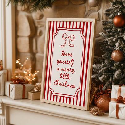 1pc Vintage Red & White Striped Christmas Wall Art Picture Have Yourself A Merry Little Christmas Canvas Print Paintings| Christmas Decoration Decor For Bedroom,Living Room Or Office Home Decor,Festive Holiday Decor Poster Xx Gift For Her,Unframed