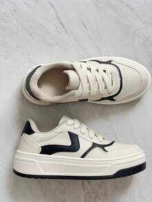 Women's Casual Sneakers: Style And Comfort, Platform, Birthday, Back To School - Màu be và đen - Xem 2