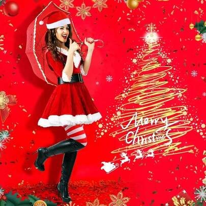 4-częściowy zestaw akcesoriów świątecznych – mieszanka poliestru i spandexu – w tym czapka Świętego Mikołaja, skarpetki w paski, czerwone rękawiczki, kolczyki z kokardkami – wysoce elastyczna, wysokiej jakości pluszowa odzież damska bez pierza