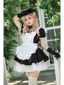 1pc Dreamy Minimalist Cute Maid Cafe Style Lolita Dress, Ruffled Apron, Puff Sleeves, Lace Trim, Recommended To Pair With Petticoat, Suitable For Daily Casual Wear And Photoshoot - Multicolor - View 3