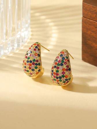 2pcs Vintage Luxurious Cubic Zirconia Colorful Earrings, Suitable For Women's Wedding, Party And Holiday Gifts