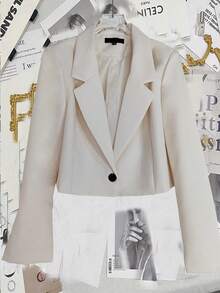 Women's Spring/Autumn White Notched Collar Long Sleeve Single-Breasted Casual Blazer Jacket, Suitable For Banquet, Wedding, Party, Outing, Valentine's Day Or Other Important Festivals And Gatherings, Spring, Valentine's Day, Carnival, Beach, Birthday - Beige - View 3