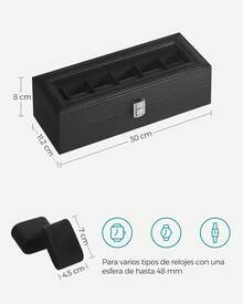 Caja de Relojes con 6 Compartimentos, Estuche de Relojes con Tapa de Cristal, Cojín Extraíble, Cierre Metálico, Regalo, Cuero Sintético Negro y Forro Negro, Regalo de Navidad - Negro - Ver 4