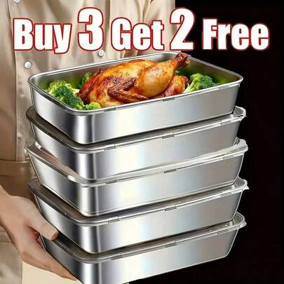 Buy Three Get Two, A Total Of 5 Stainless Steel Food Storage Containers - With Free Lids, Durable Baking Trays, Reusable, Suitable For Picnics, Meal Preparation, Refrigerator Organization, And Kitchen Essentials | Easy To Clean, Stackable