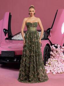 优雅女士印花无肩带长款晚礼服 - 多层荷叶边设计，色彩鲜艳 - 适合婚礼、晚宴、夏季派对、红毯活动和新娘送礼会 - 橄欖綠 - 查看 1