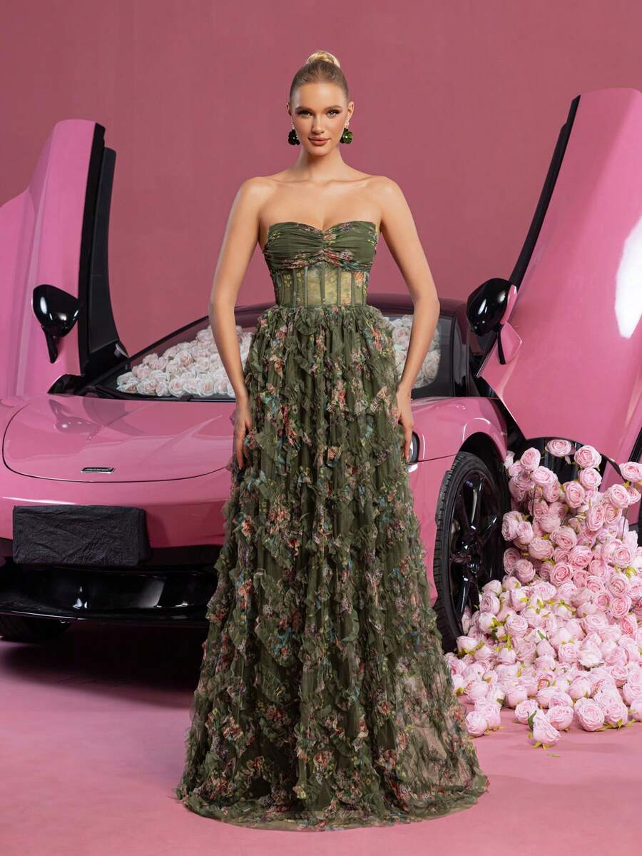 优雅女士印花无肩带长款晚礼服 - 多层荷叶边设计，色彩鲜艳 - 适合婚礼、晚宴、夏季派对、红毯活动和新娘送礼会 - 橄欖綠 - 查看 1