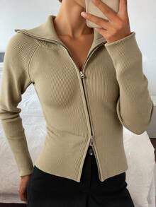 Livesso Chaqueta casual con cremallera y cuello alto de unicolor para mujer, ropa de otoño - Albaricoque - Ver 3