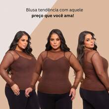 Women's Tulle Blouse With Long Sleeves And Versatile See-Through - 鏽棕色 - 查看 5