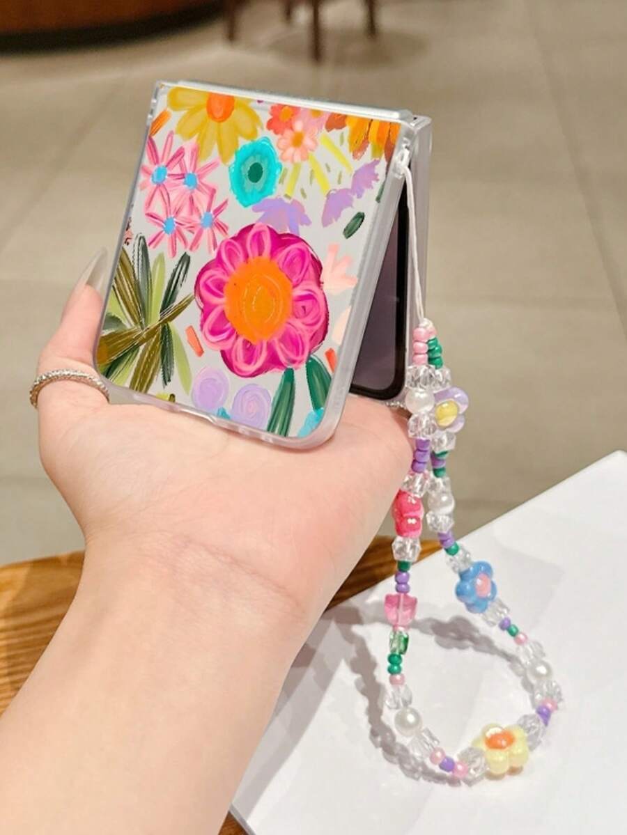 Fashionable Minimalist Matte PC Material Foldable Phone Case With Colorful Floral Elements, Matching Bracelet, Effective Protection Against Drops, Compatible With Samsung Galaxy Zflip 3/Zflip 4/Zflip 5/Zflip 6/Zflip 7, OPPO Find N3 Flip, Razr 50 Ultra/Razr 60 Ultra/Razr 60/Razr 50, MIX Flip, Galaxy Z Flip7 FE - Clear - View 1