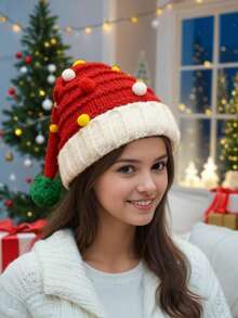 成人和儿童圣诞帽，红色针织帽配绒球，男女通用圣诞节节日帽，适合成人和儿童圣诞派对 - 彩色 - 查看 5