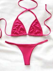 Women's Summer Triangle Bikini With Side Adjustment - Hot Pink - View 1