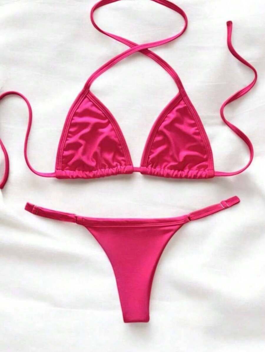 Women's Summer Triangle Bikini With Side Adjustment - Hot Pink - View 1