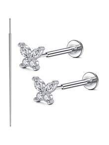 2 件套无螺纹平底锥形耳环耳钉，不锈钢按入式鼻钉环，各种款式 CZ 耳屏软骨海螺鼻穿孔饰品防过敏耳洞女款 20G - Golden and Silvery - 查看 8