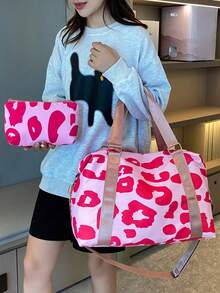 2 pezzi Set di borse da viaggio pieghevoli in nylon con stampa leopardata, di grande capacità, con scomparto indipendente per le scarpe. Adatte per sport, yoga, fitness, viaggi brevi, palestra, borse casual da donna, borse per maternità, vacanze, tempo libero, impermeabili, con scomparto separato per le scarpe, borse a mano per la scuola e accessori scolastici