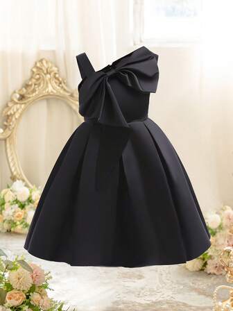 Girls One Shoulder Big Bow Solid Color Party Dress, Young Girl Princess Knee-Length Evening Dress