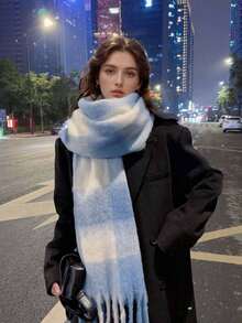 1 pieza Elegante bufanda de mujer tejida con decoración de flecos, cómoda, a prueba de viento y cálida, adecuada para otoño e invierno, excelente regalo de Navidad - Multicolor - Ver 6