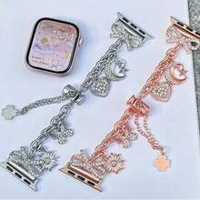 1 Male And Female Inlaid Star And Moon Design Compatible With Apple Watch, Suitable For 38mm, 40mm, 41mm, 42mm, 44mm, 45mm, 46mm, 49mm Men's And Women's Fashion Bracelet Suitable For UltraS10/S11/9/8/7/6/5/4/3/1 Smart Wristbands, Fashionable High-End Metal Wristbands, Color Matching Very Smart Wristbands (Not Included In The Watch)