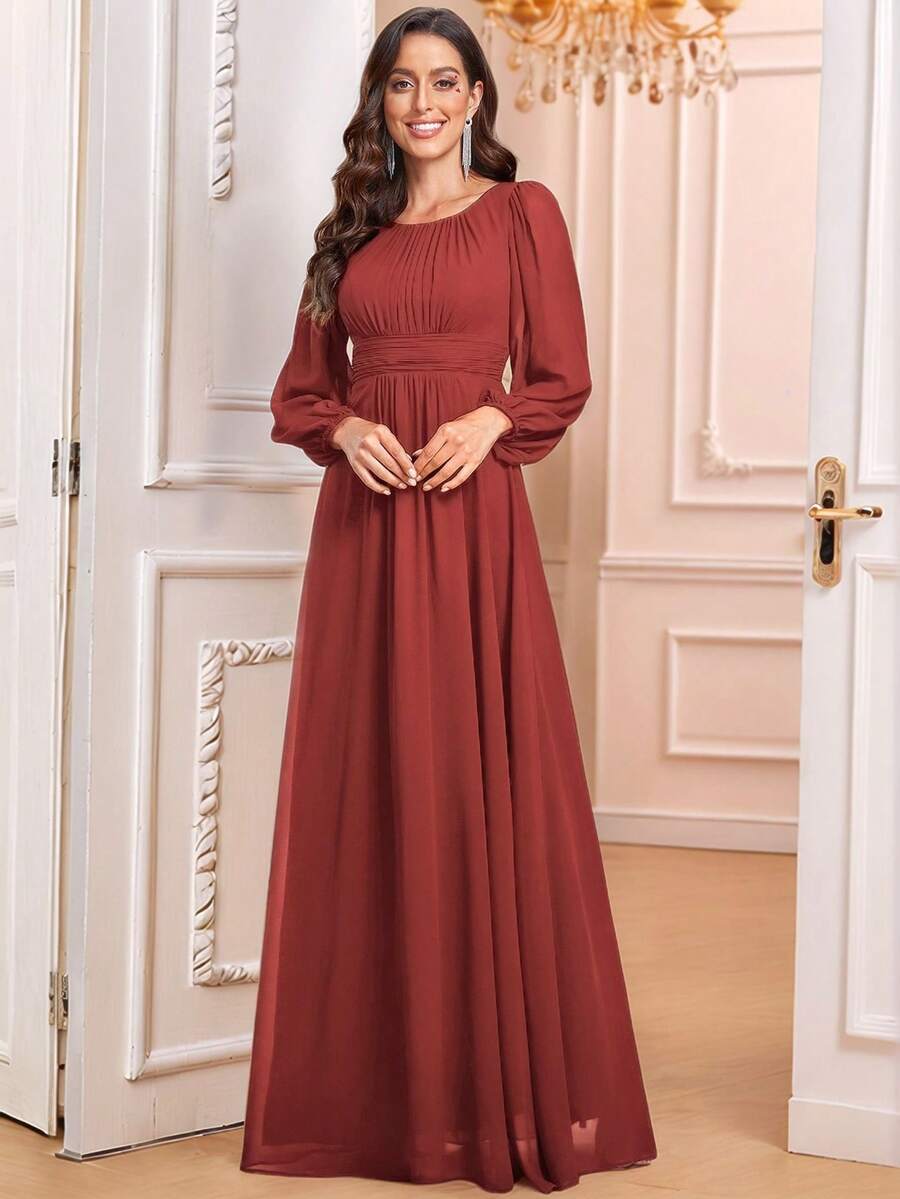 优雅雪纺圆领灯笼袖长袖伴娘礼服，婚礼宾客礼服，秋季